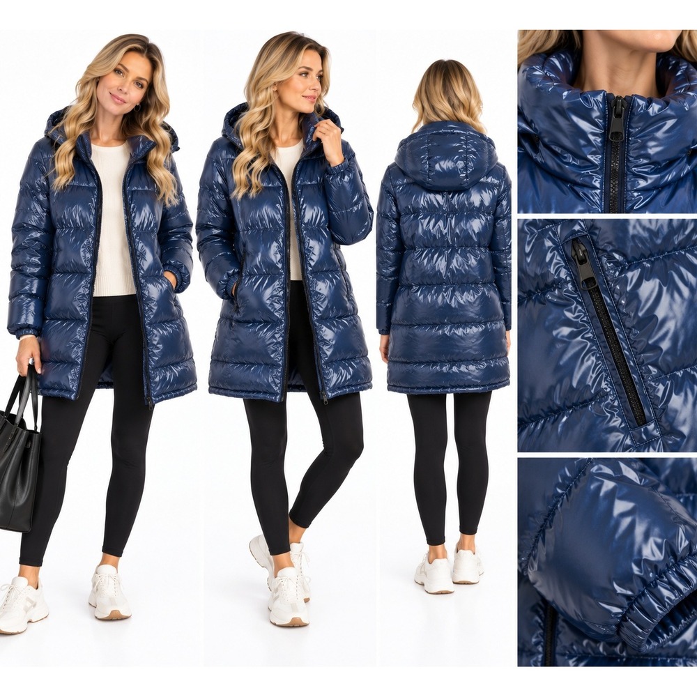 Zella Puffer Jacket S Blue Wet Look High Shine Quilted Hooded Winter Ski Coat